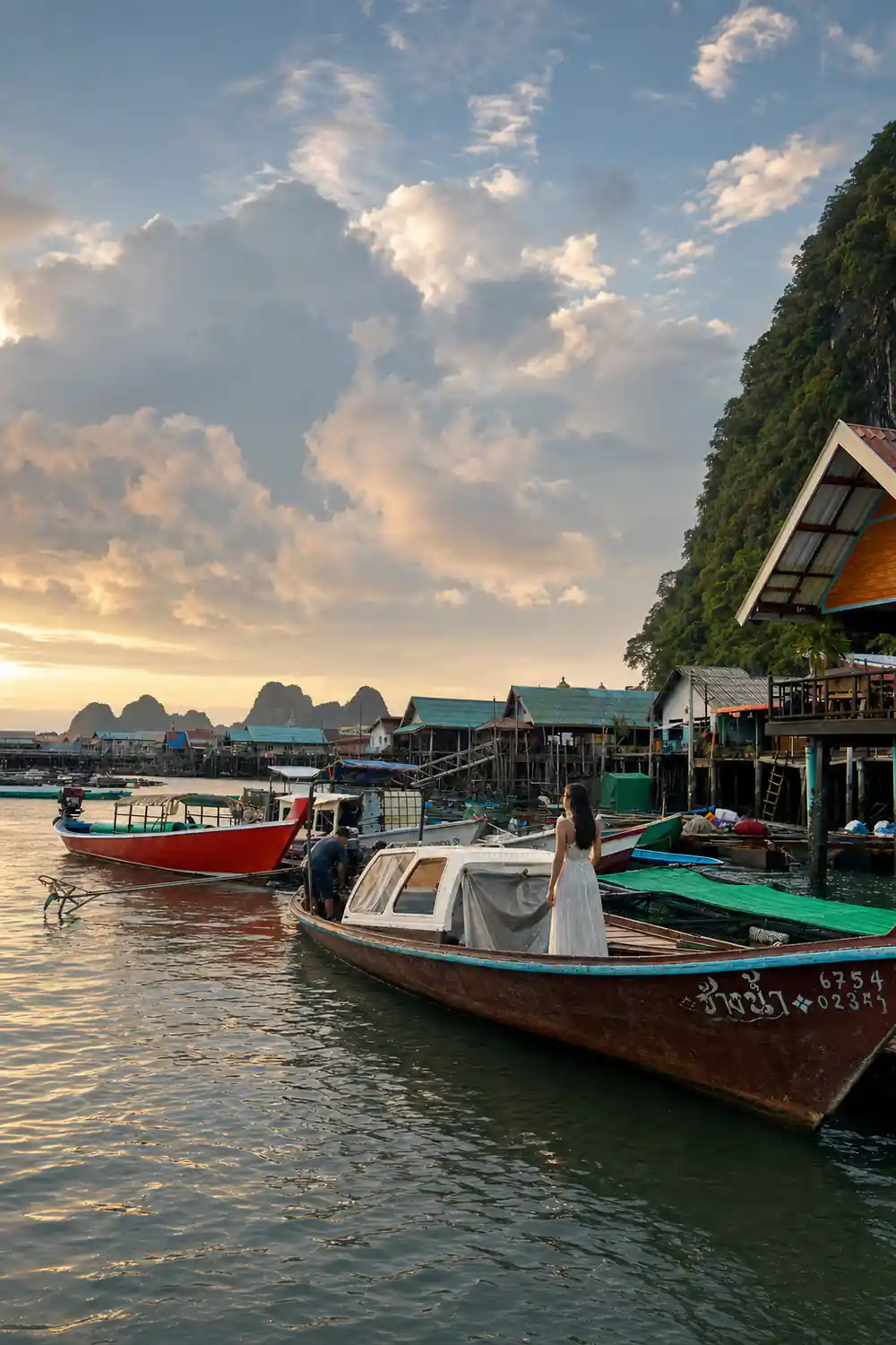 Fishing boats moored in shallow water with limestone hills behind