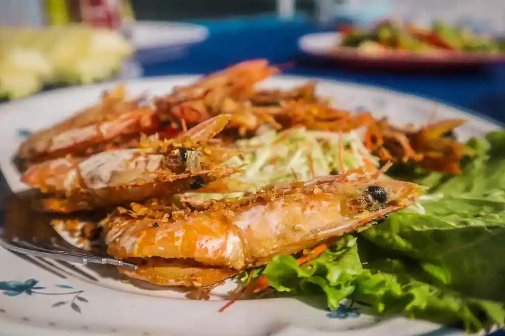 Grilled fish on plate with lettuce and herbs