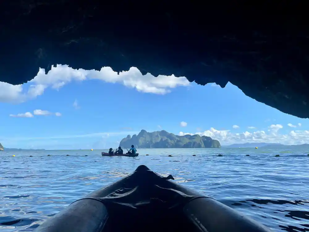 View from inside cave toward islands at sea